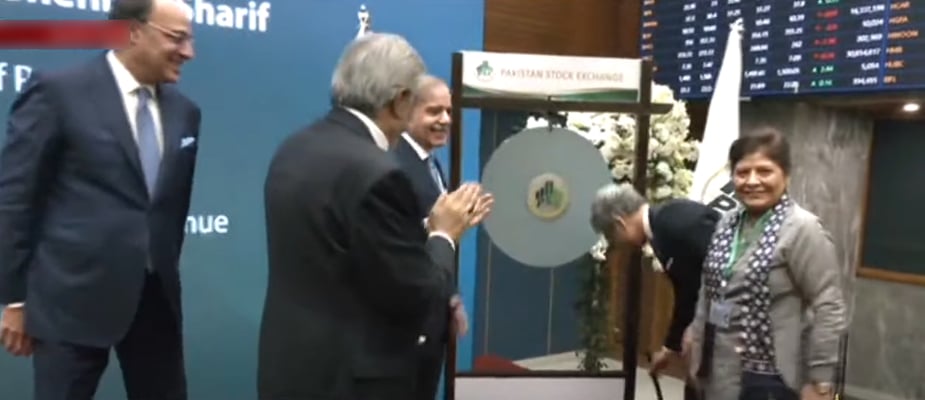 Prime Minister Shehbaz Sharif attends the gong ceremony at PSX in Karachi on January 8, 2025. — Screengrab/GeoNews