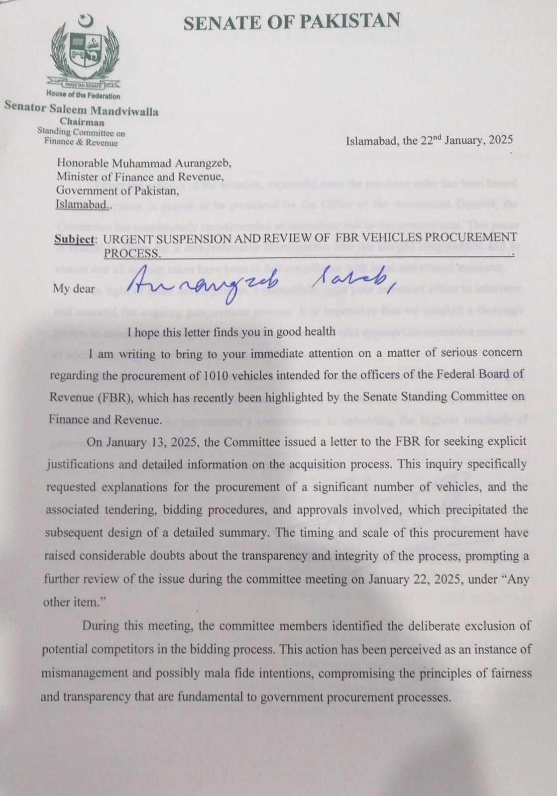 Senator Mandviwalla's letter to Finance Minister Muhammad Aurangzeb. — Reporter
