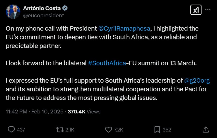 EU lifts support to South Africa prior to G20 conversations in the midst of US tensions