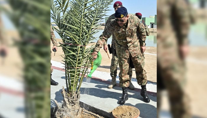 Coas Gen Asim Munir Waters A Plant at the Launch Ceremony of the Green Pakistan initiative in Cholistan on February 15, 2025. - Pakinomist News