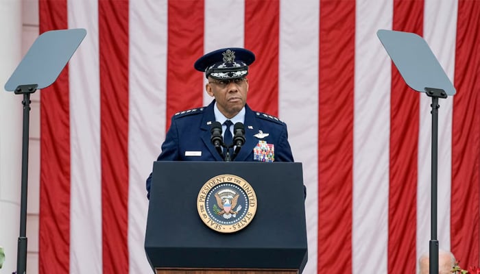 US chairman of the joint staff chiefs of Staff Charles Q Brown speaks during the annual Memorial Day at Arlington National Cemetery in Arlington, Virginia, USA, May 27, 2024. - Reuters