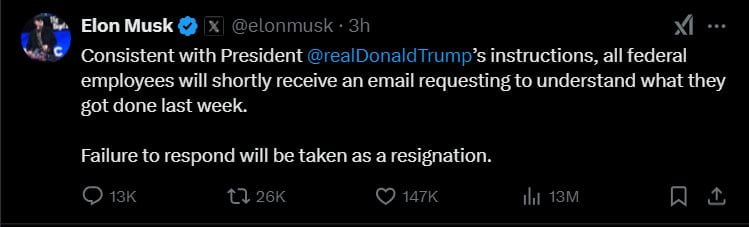 Musk orders US federal employees to justify their jobs or meet dismissal