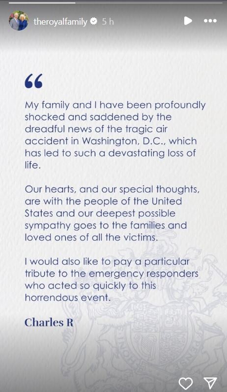 King Charles 'sad over' terrible dc airline accident