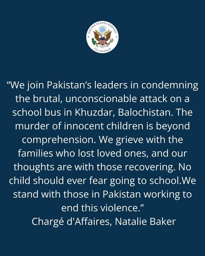 USA condemns Khuzdar -skole Bus bombing as unconscious