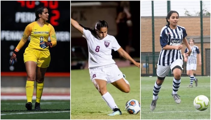 This combination of images shows (from left) Canada-based goalkeeper Zeeyana Jivraj, Greek Top Division page by Crete plays AQSA MUSHTAQ and striker for England's West Bromwich Albion Mariam Mahmood. - Reporter