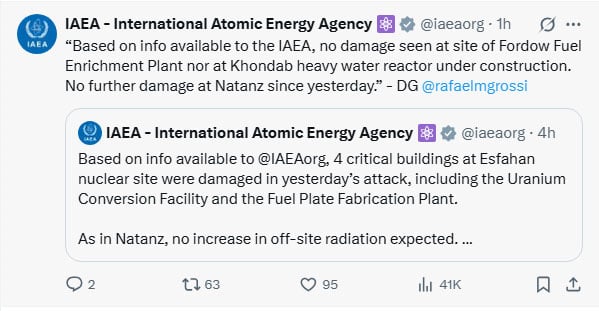 IAEA confirms no damage to Iran's Fordow and Khondab -nuclear locations