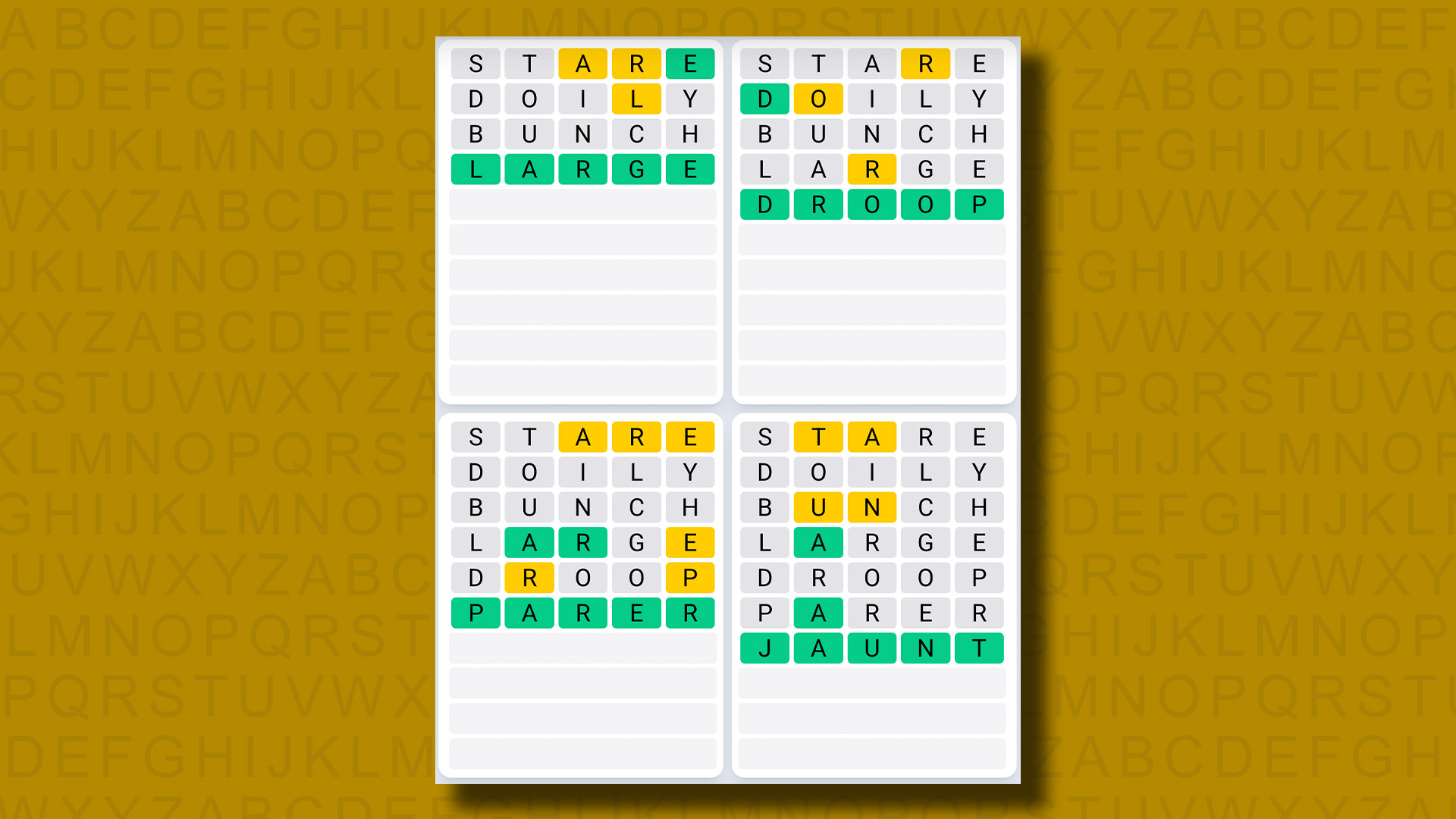 Quordle Daily Sequence Reply to Games 1241 on a Yellow Background