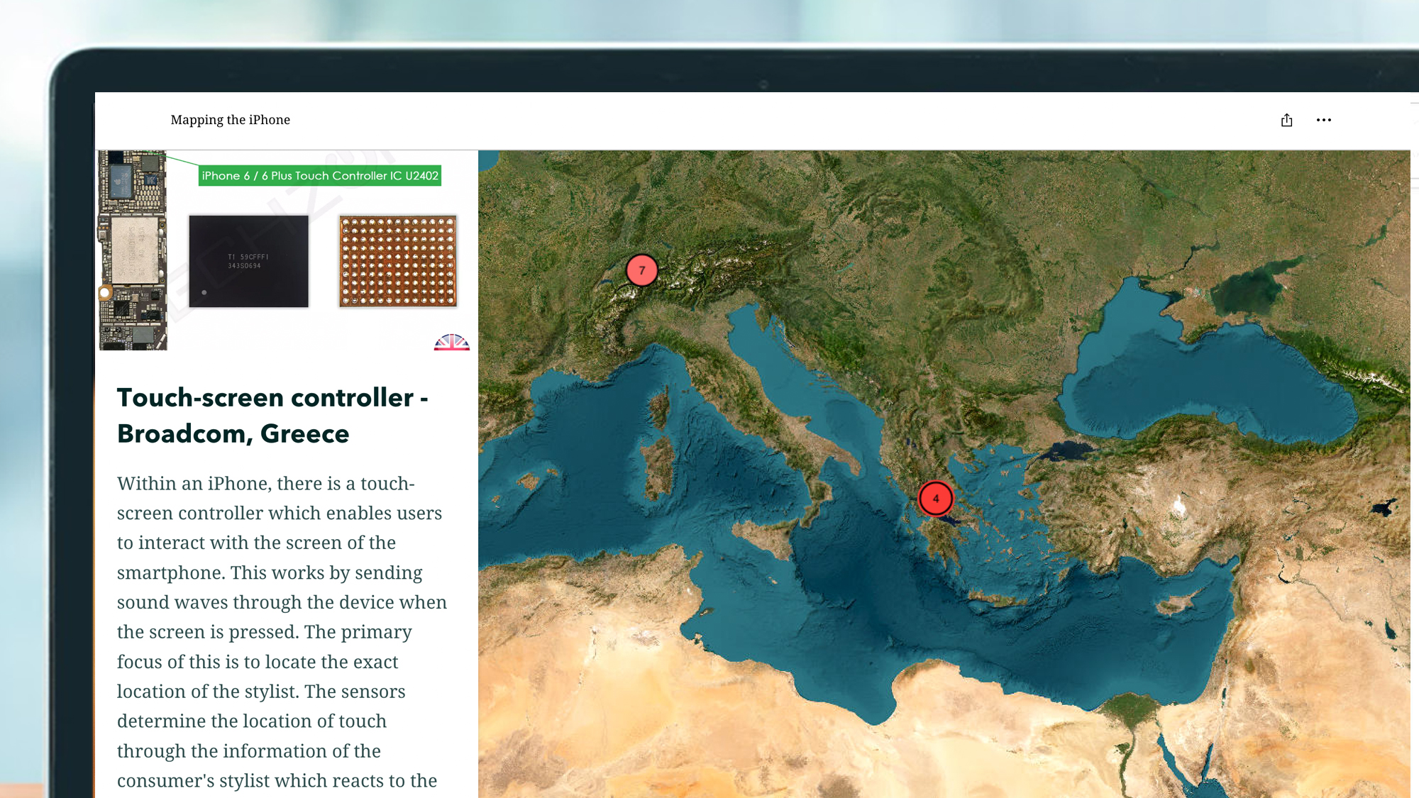 A portable screen showing a 'mapping of iPhone' Infographic