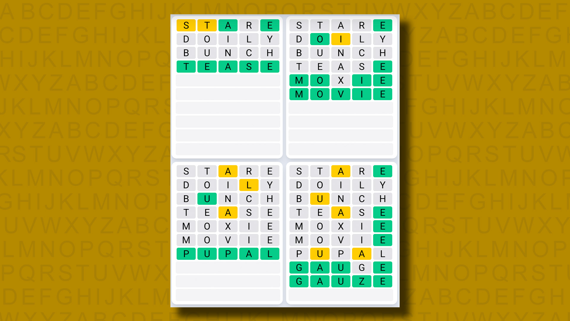 Quordle Daily Sequence Reply to Games 1242 on a Yellow Background