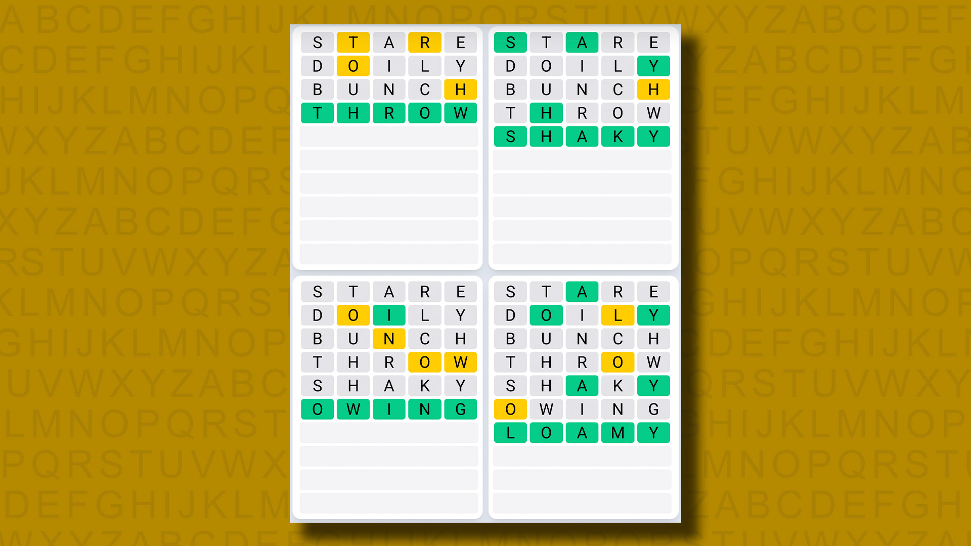Quordle Daily Sequence Reply to Games 1243 on a Yellow Background