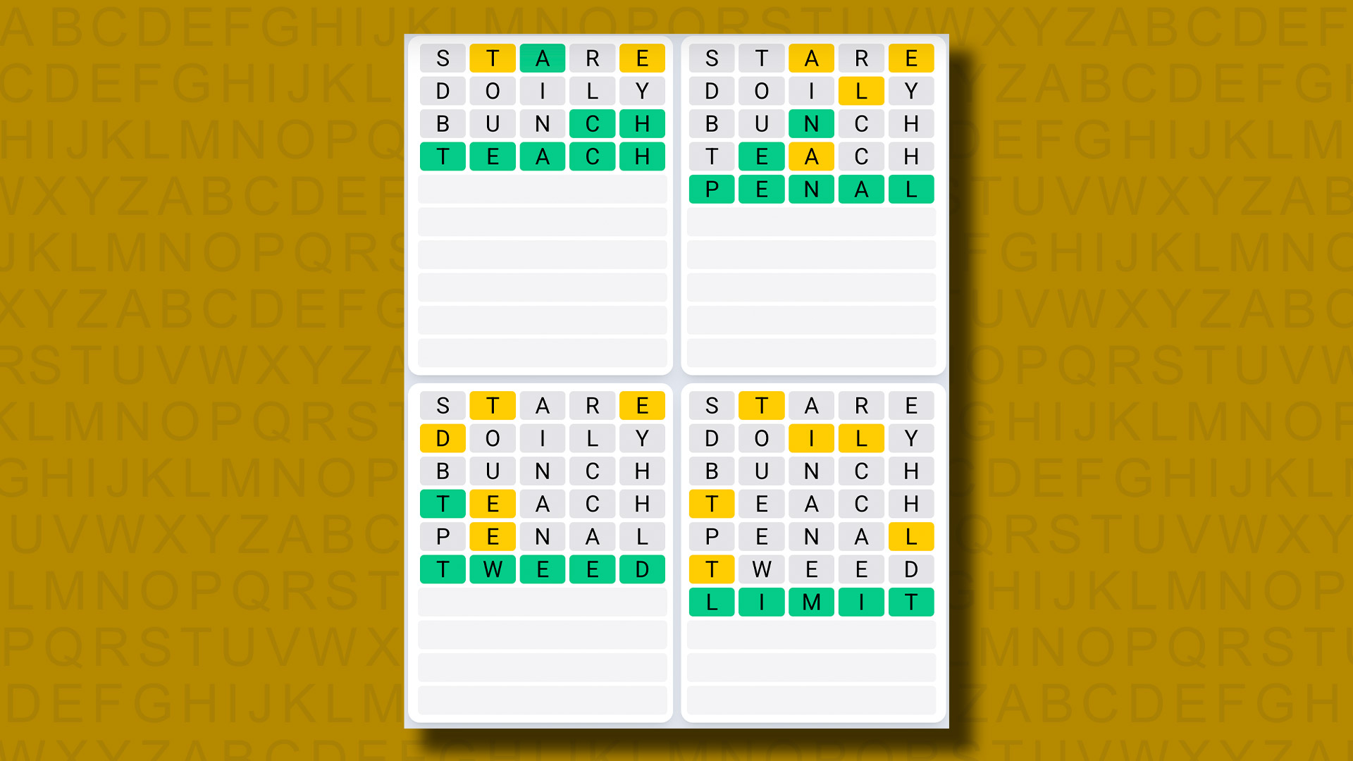 Quordle Daily Sequence Reply to Games 1244 on a Yellow Background