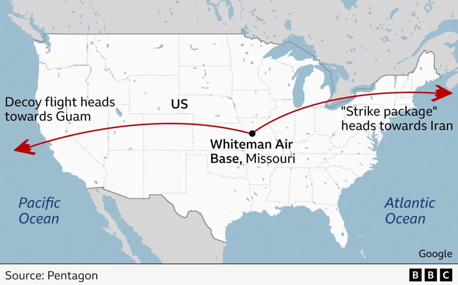 Map of lure and actual B-2 bomber, released by Pentagon, as reported by the BBC.