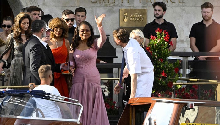 American journalist Gayle King (left), US TV -host Oprah Winfrey leaves Gritti Palace Hotel on the Wedding Day for Amazon -Founding Jeff Bezos with Lauren Sanchez, in Venice on June 27, 2025. -AFP