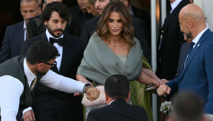 Jordan's Queen Rania leaves St Regis Hotel on the wedding day of Amazon - founder Jeff Bezos with Lauren Sanchez, in Venice on June 27, 2025. - AFP