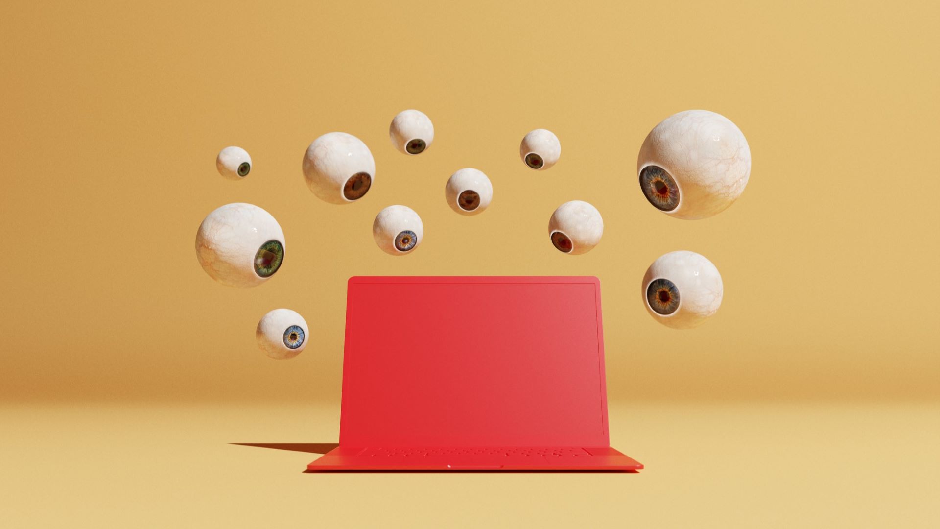 Conceptual image with a bunch of floating eyeballs of different sizes overlooking a red computer could symbolize ideas about malware and computer virus
