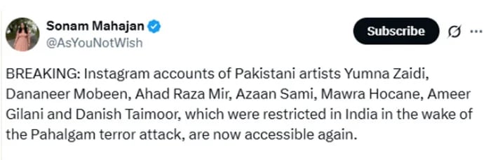 India raises digital ban on Pakistani celebrities