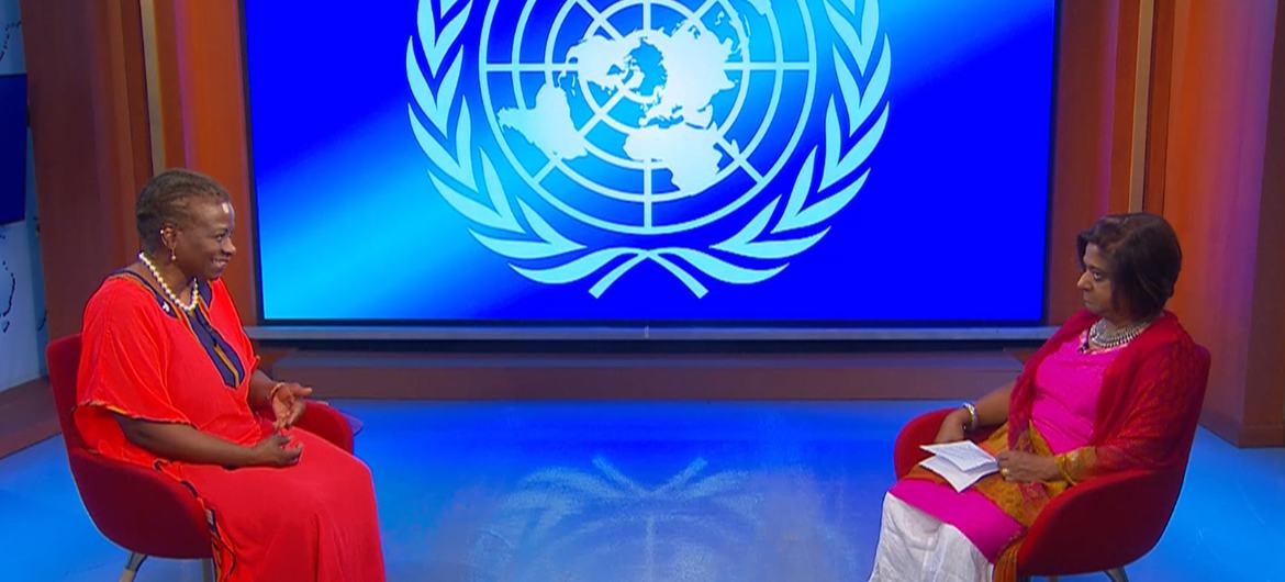 Dr. Natalia Kanem, head of the United Nations Population Fund (left) speaks to UN news and media Deputy Director Mita Hosali.