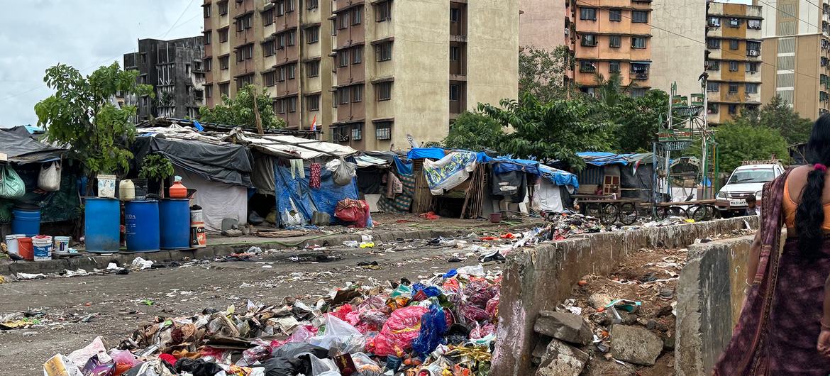 An apartment building at an informal settlement in Mumbai, India.
