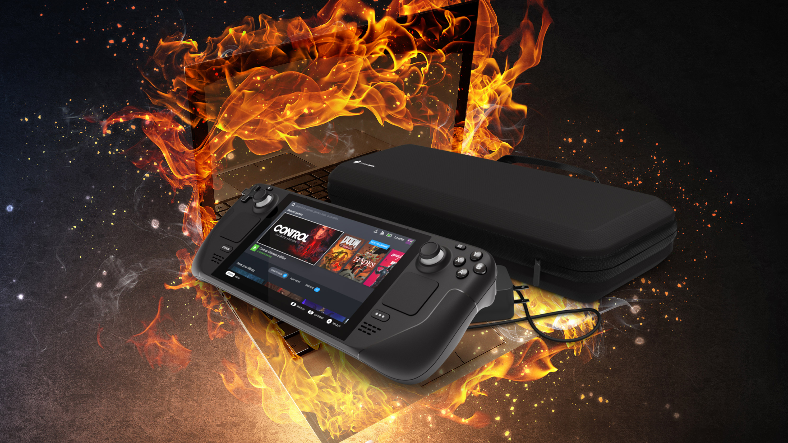 Steam Deck emerges from the flames of a laptop
