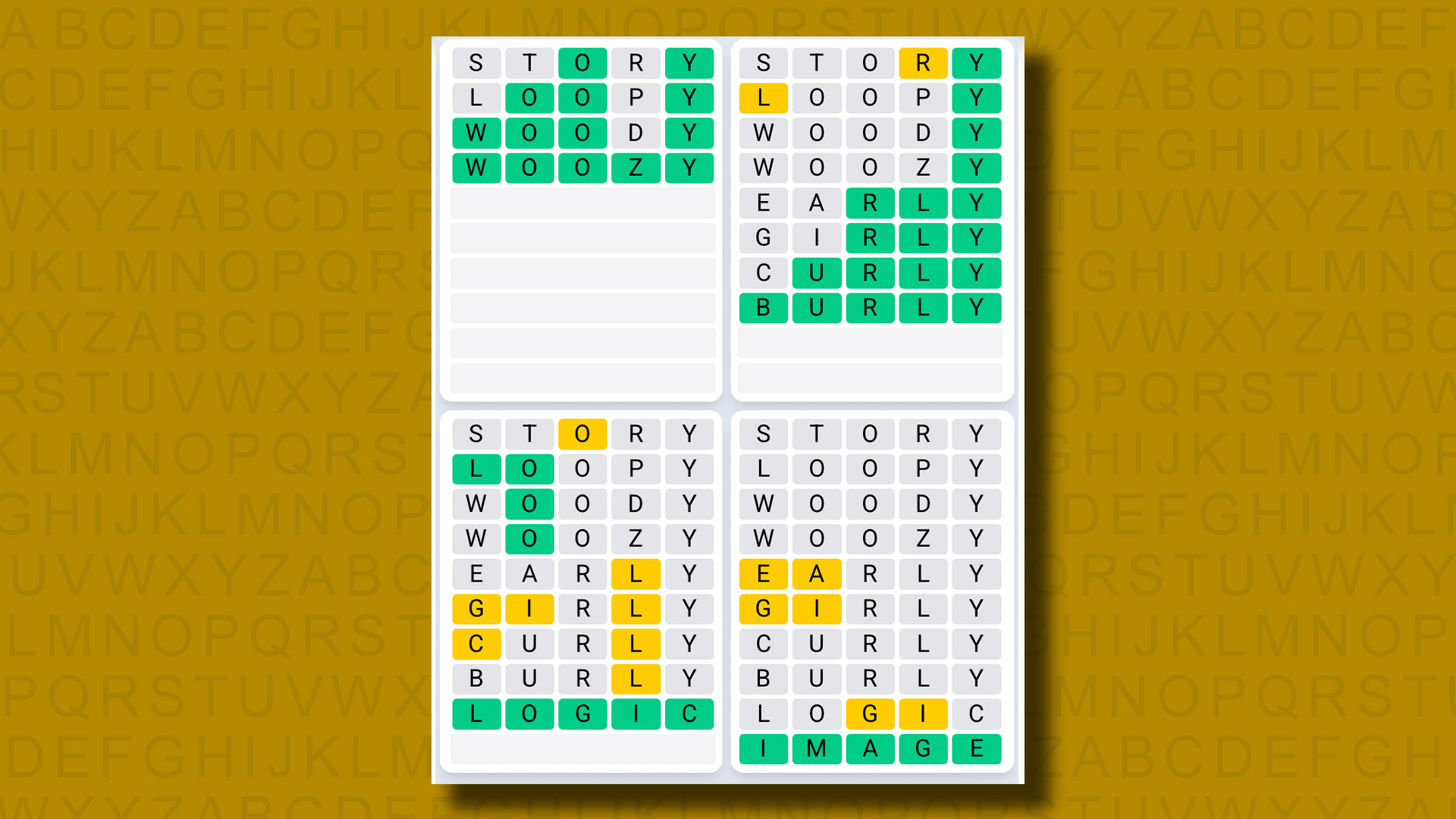 Quordle Daily Sequence Reply to Games 1312 on a Yellow Background