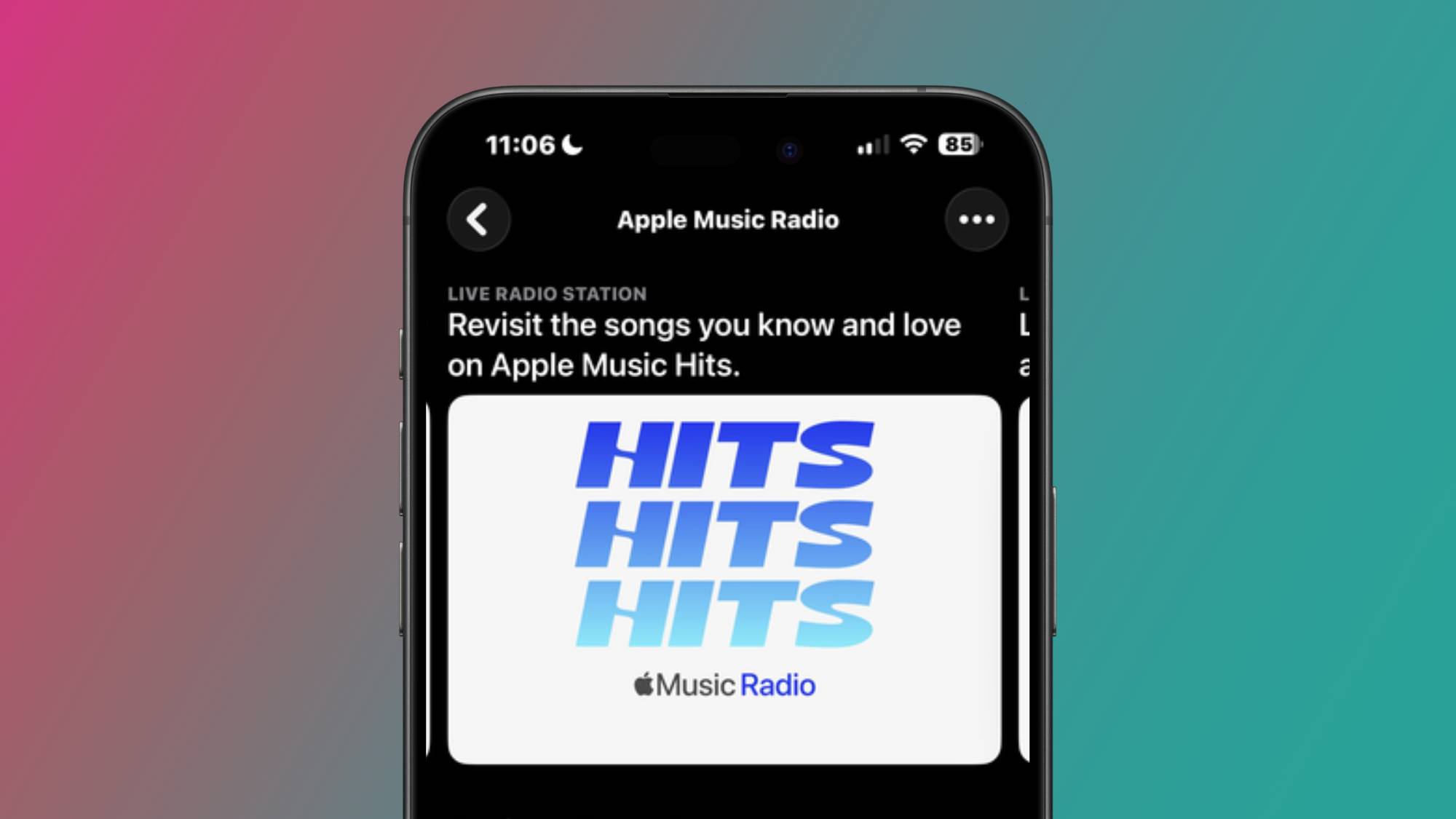 A Screenshot of Apple Music hits the radio station in the Apple Music app