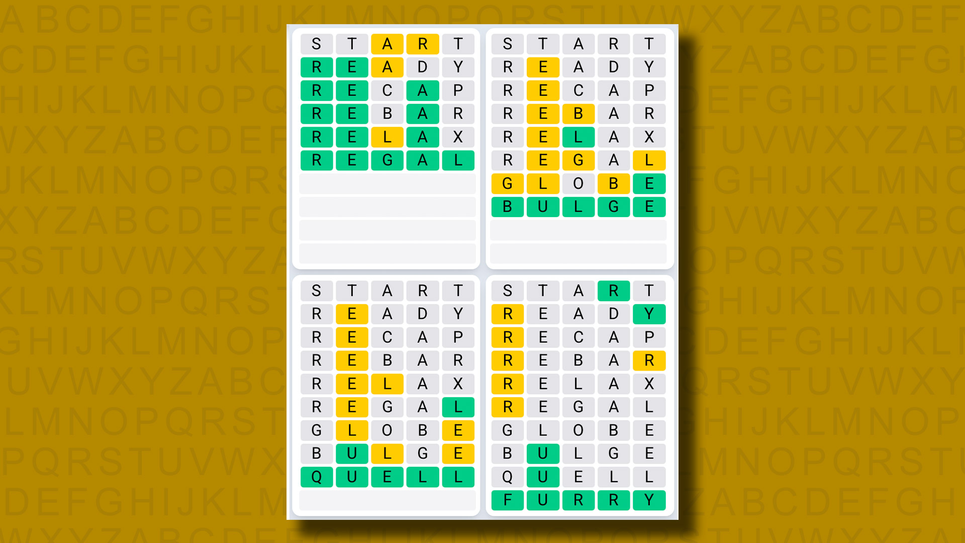 Quordle Daily Sequence Reply to Games 1313 on a Yellow Background