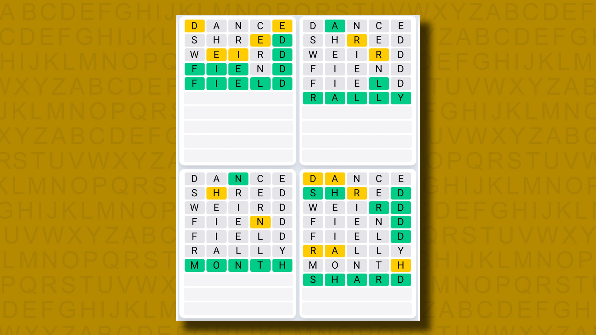 Quordle Daily Sequence Reply to Games 1314 on a Yellow Background