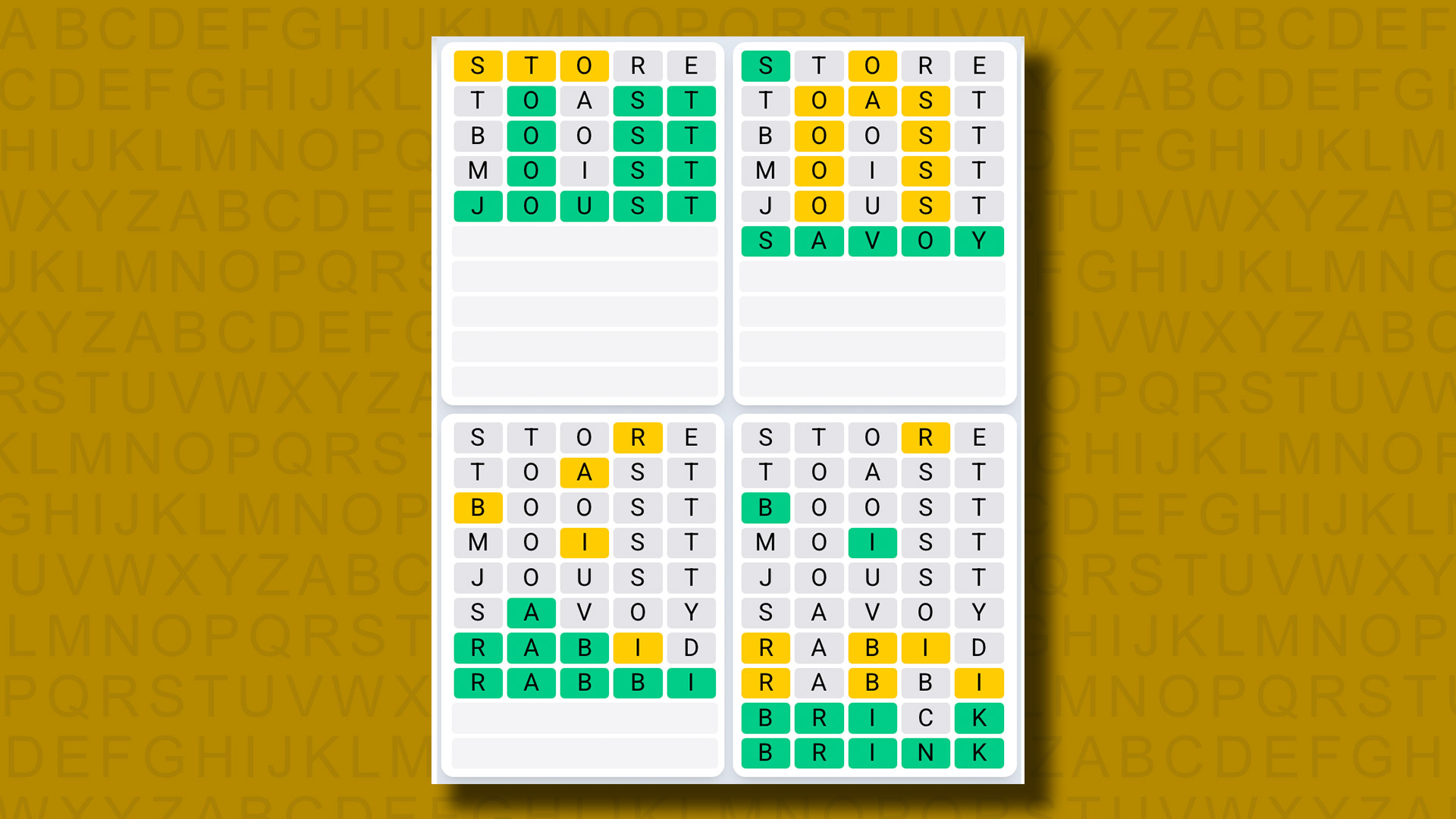 Quordle Daily Sequence Reply to Games 1315 on a Yellow Background