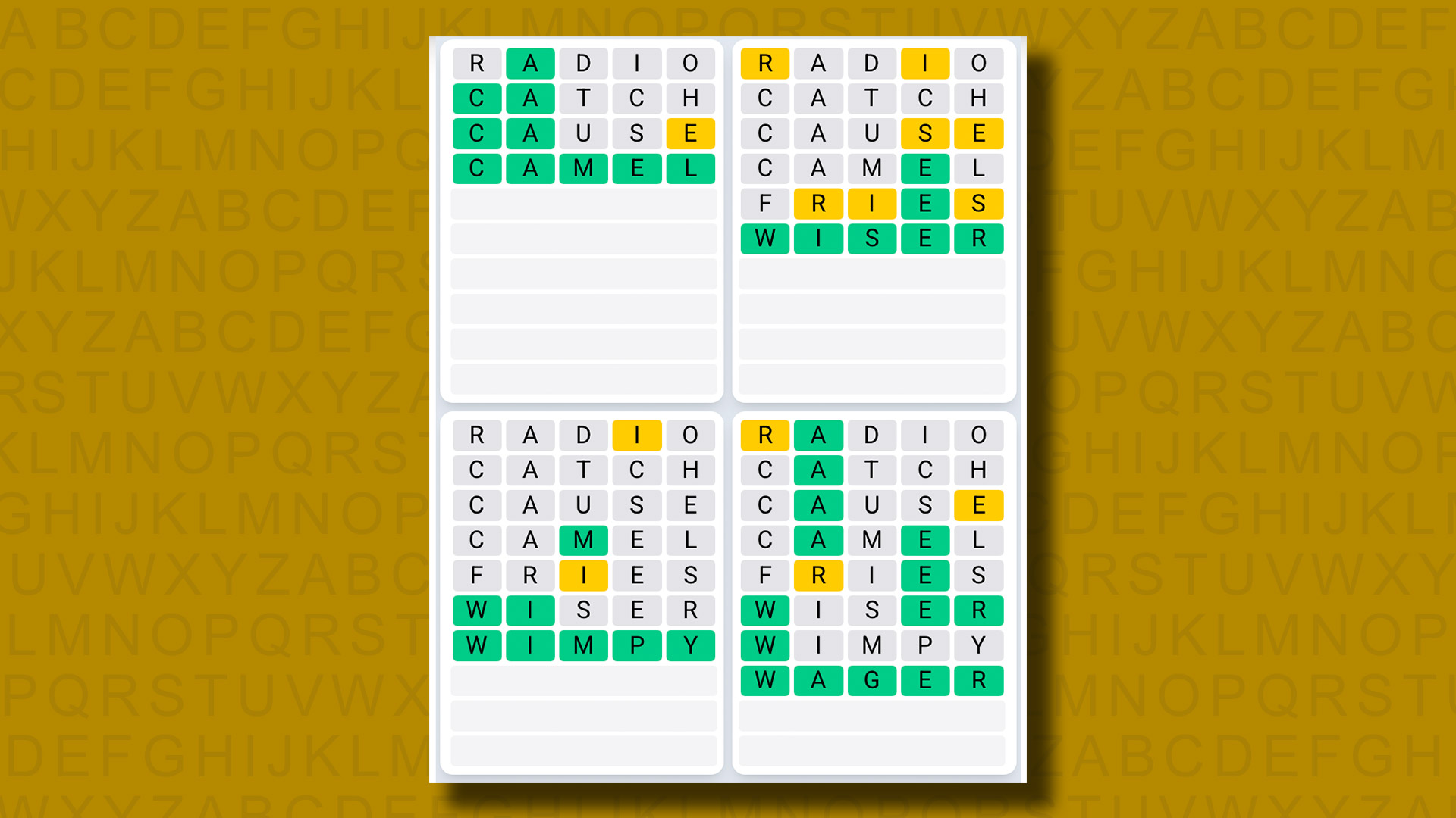 Quordle Daily Sequence Reply to Games 1317 on a Yellow Background