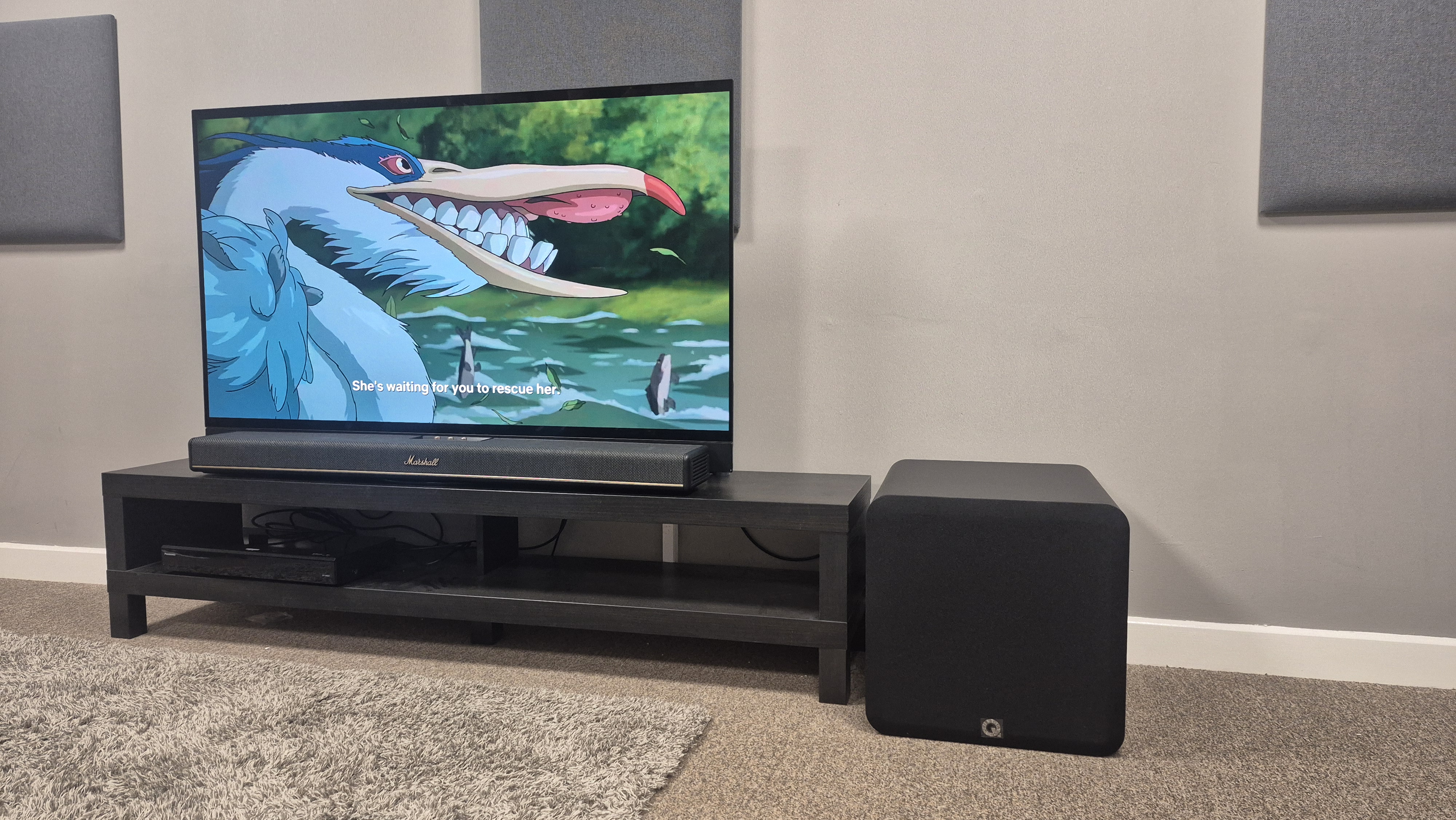Q Acoustics Q Sub120 Next to Marshall Heston 120 with TV playing the boy and HEGRE