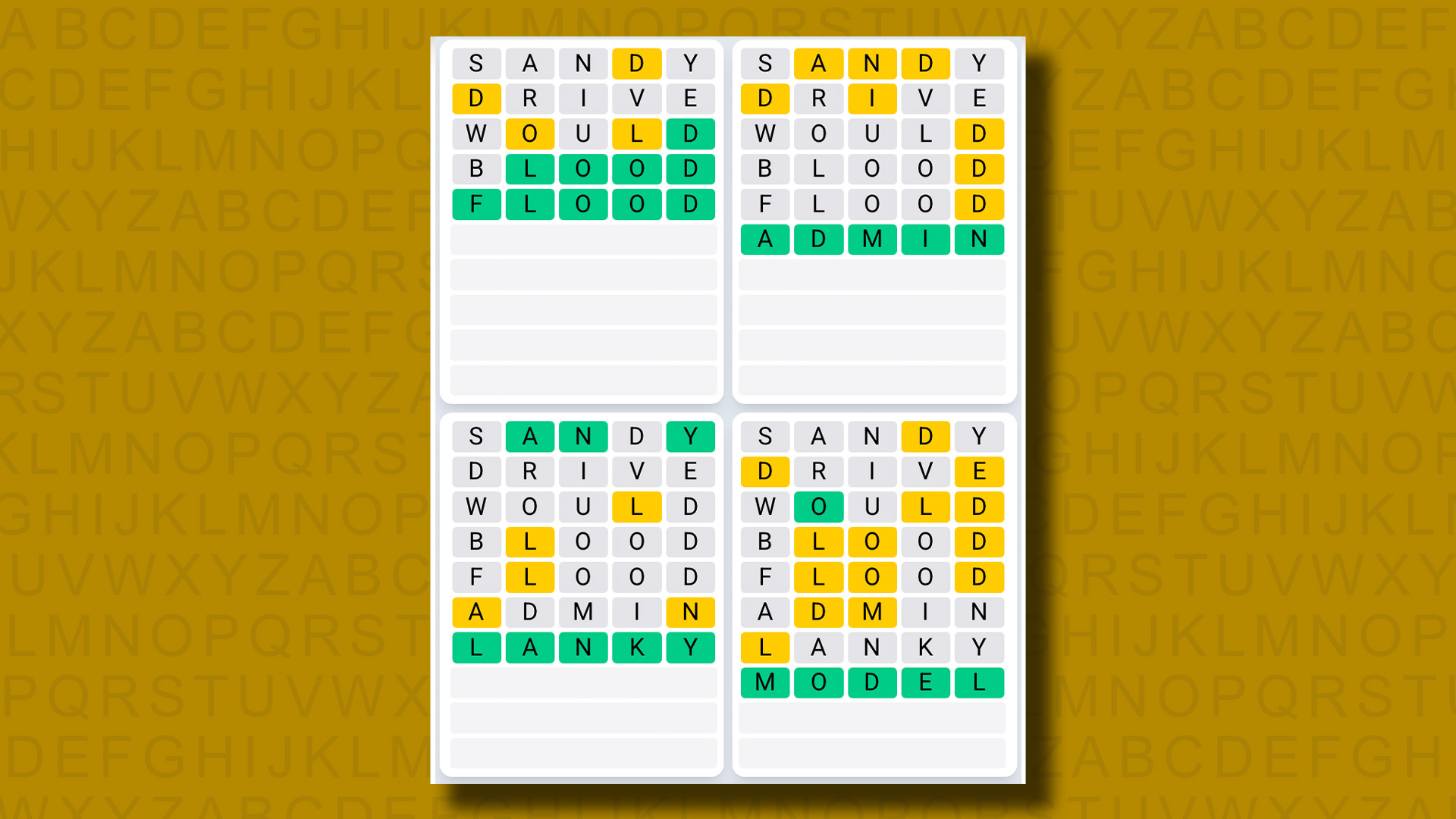 Quordle Daily Sequence Reply to Games 1318 on a Yellow Background