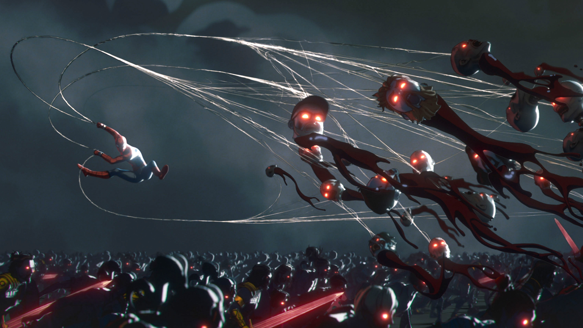 Spider-Man decapitating zombies using his lanes in Marvel zombies