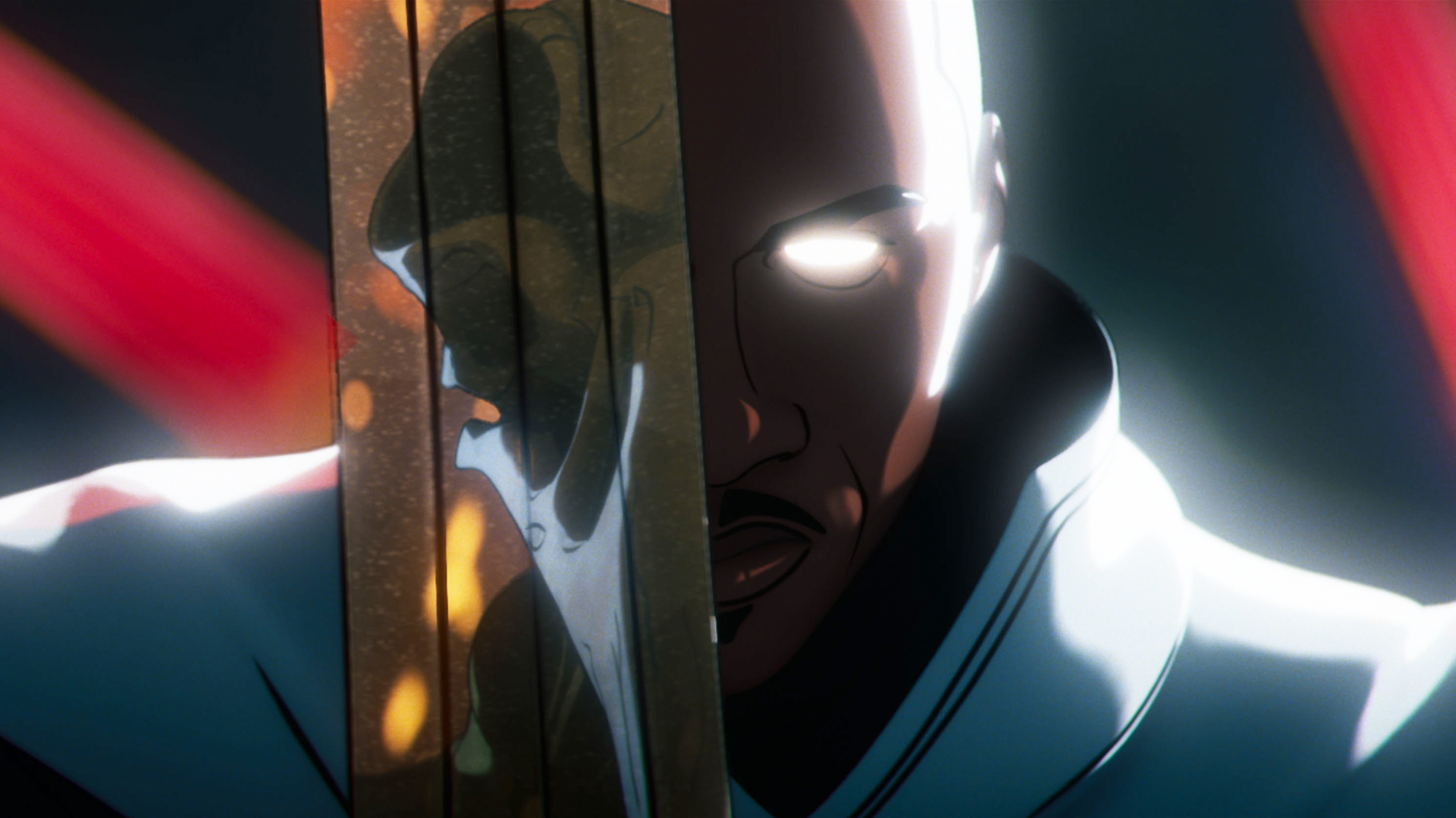 Blade Knight holds his sword to his face with Khonshu's reflection in it in Marvel Zombies