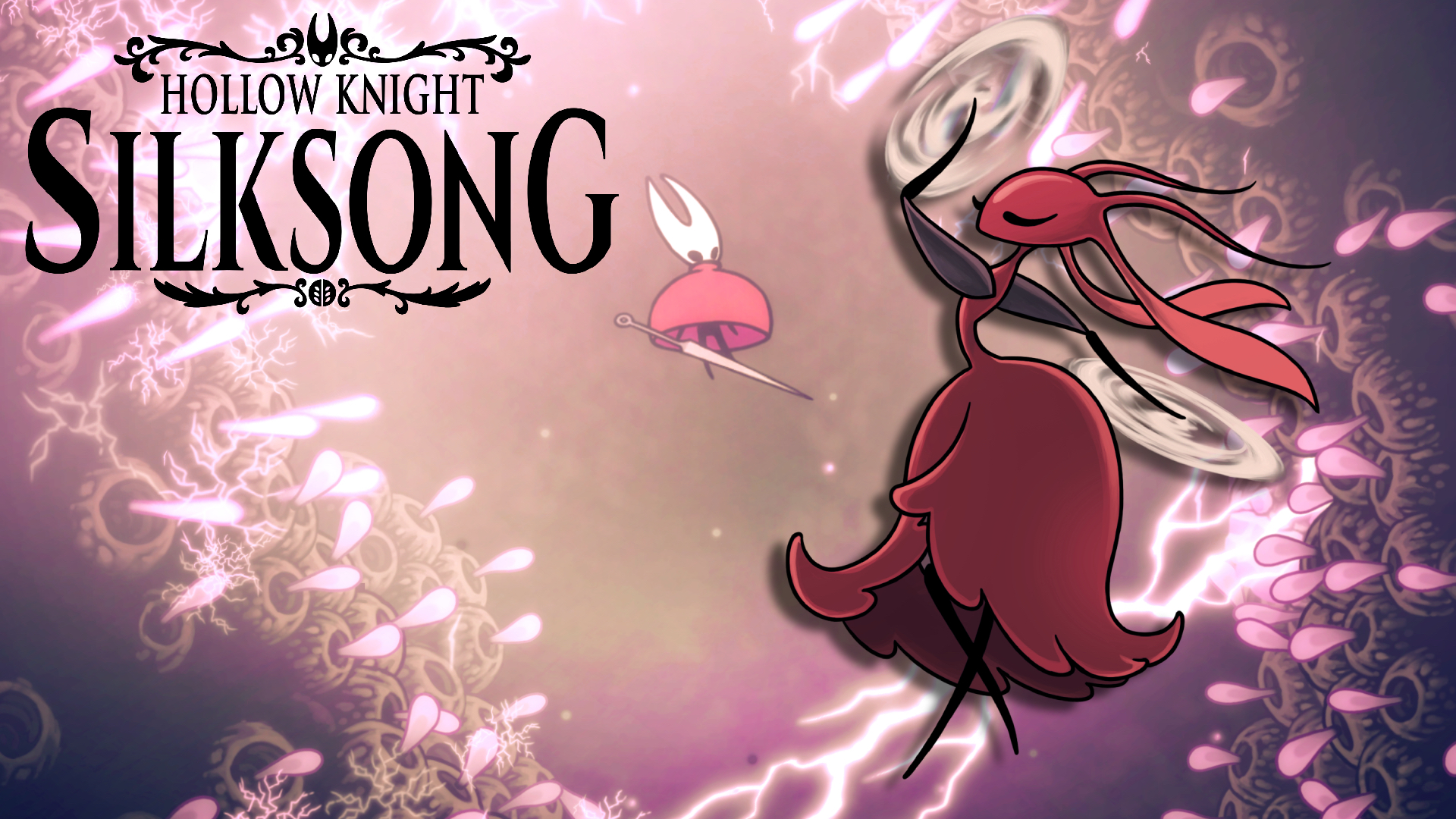 A red bug with a floating dress design, against a pink hollow background