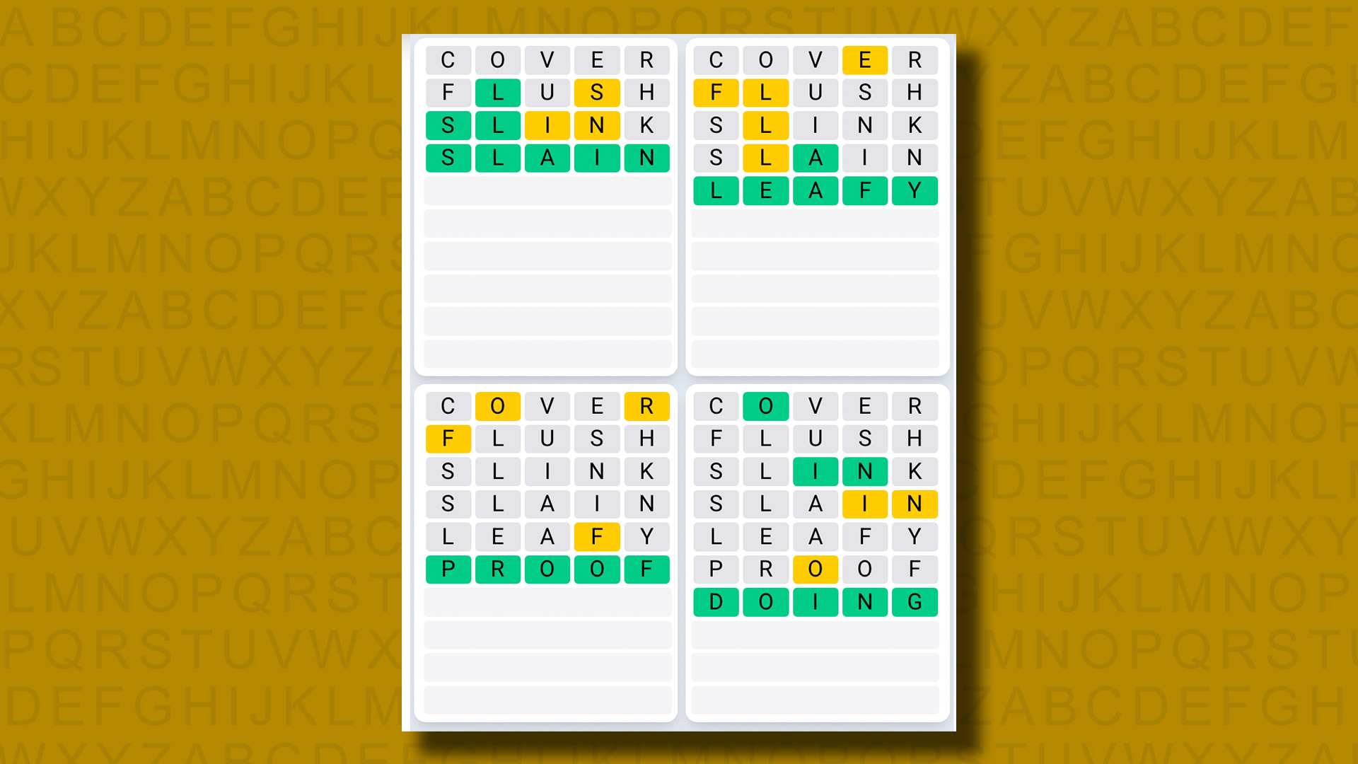 Quordle Daily Sequence Reply to Games 1319 on a Yellow Background