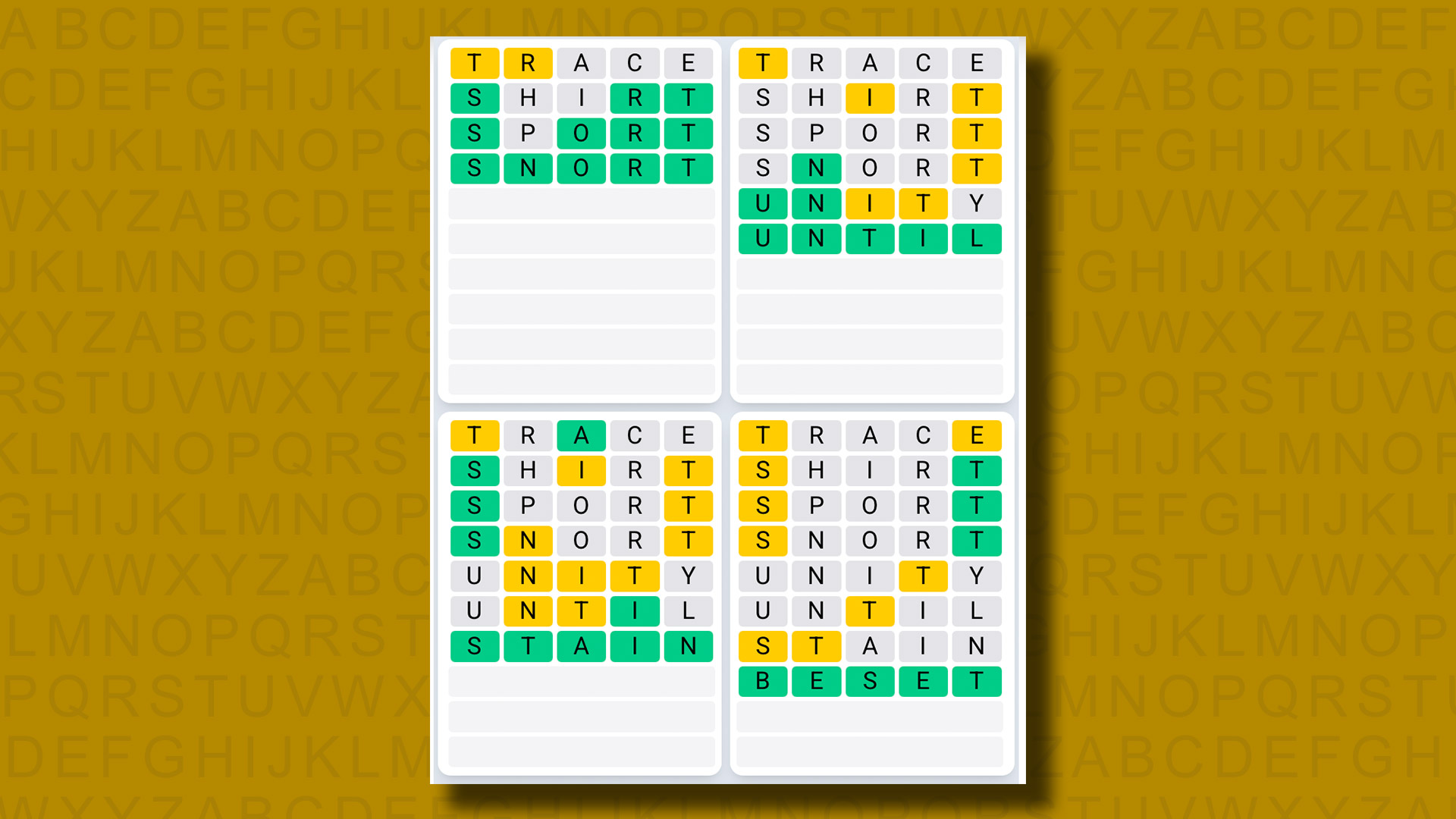 Quordle Daily Sequence Reply to Games 1320 on a Yellow Background
