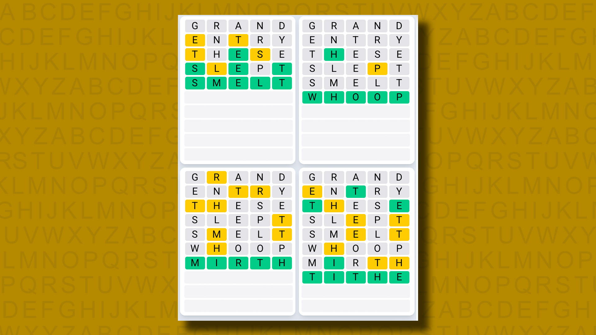 Quordle Daily Sequence Reply to Games 1321 on a Yellow Background
