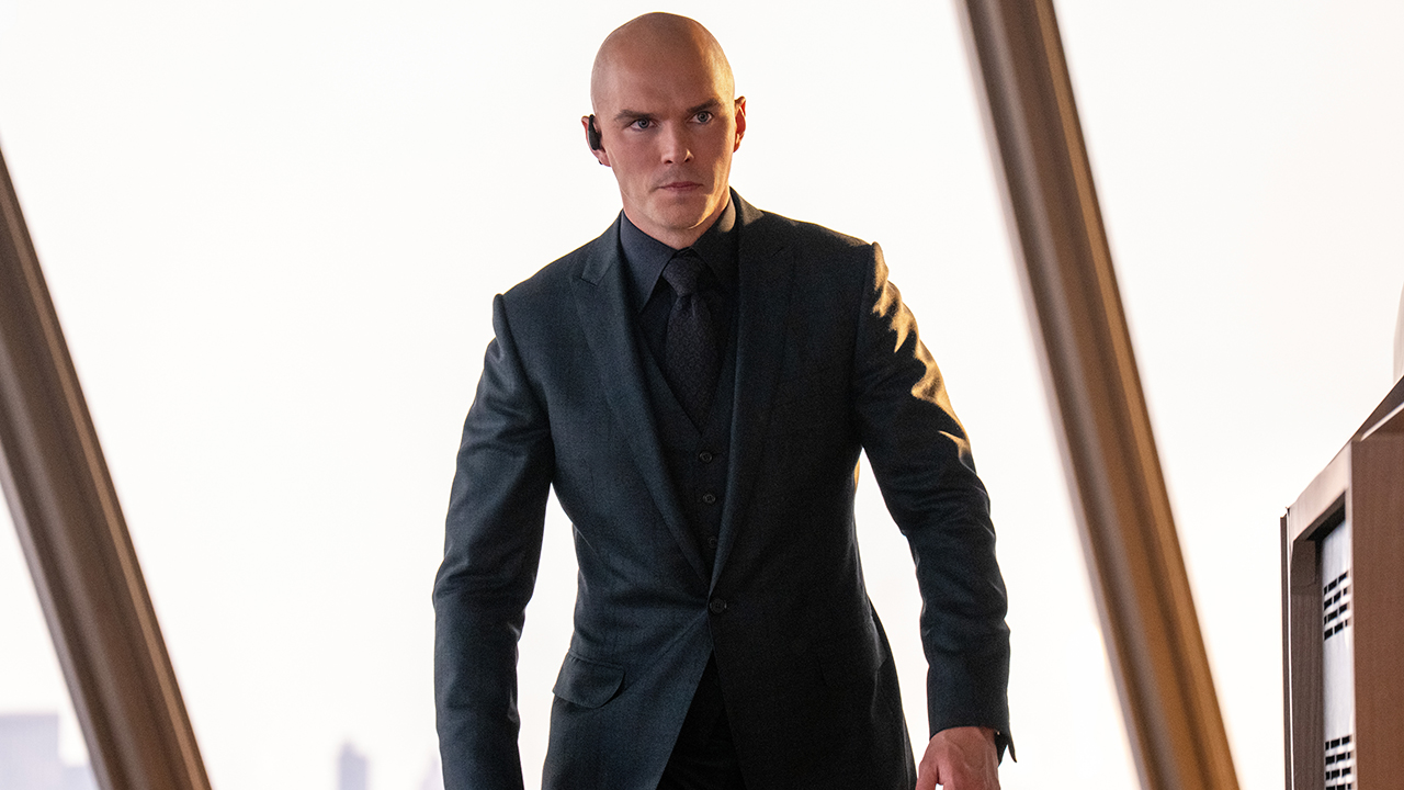 An angry lex luthor that goes away from a skyscraper window in 2025 's Superman movie