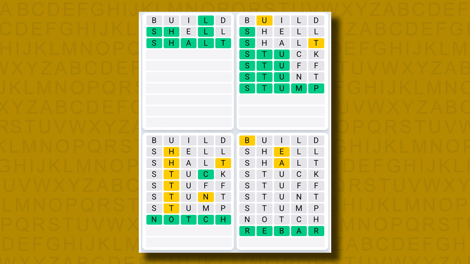 Quordle Daily Sequence Reply to Games 1322 on a Yellow Background