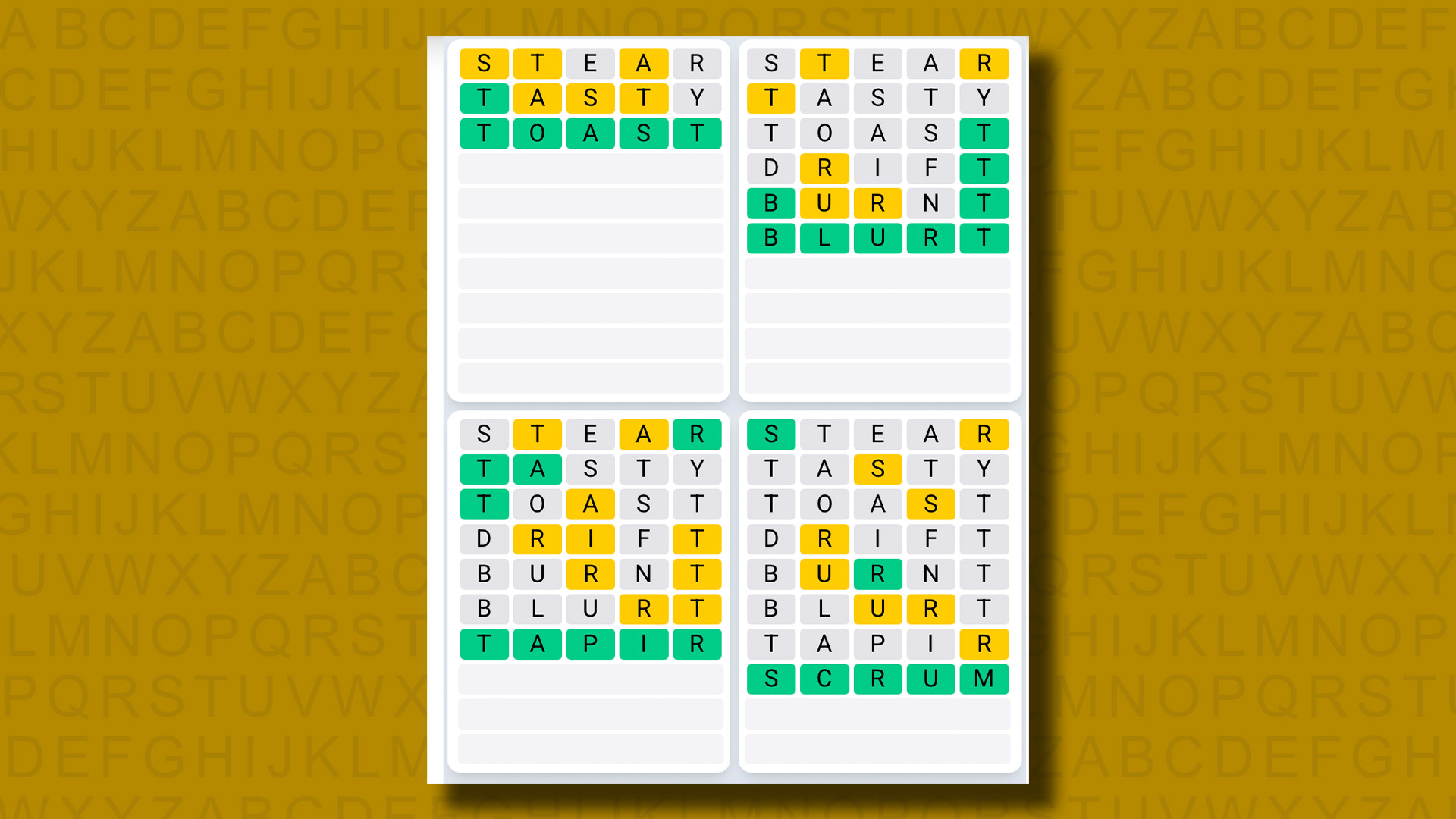 Quordle Daily Sequence Reply to Games 1323 on a Yellow Background