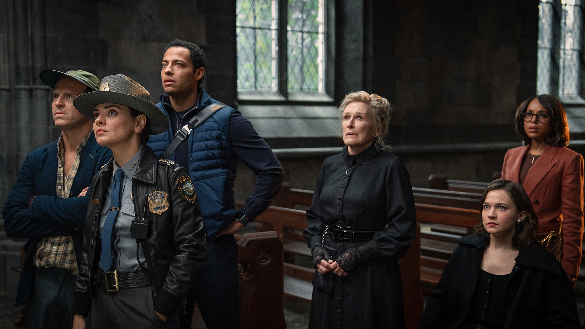 Members of the knives out 3 role crew standing in a church