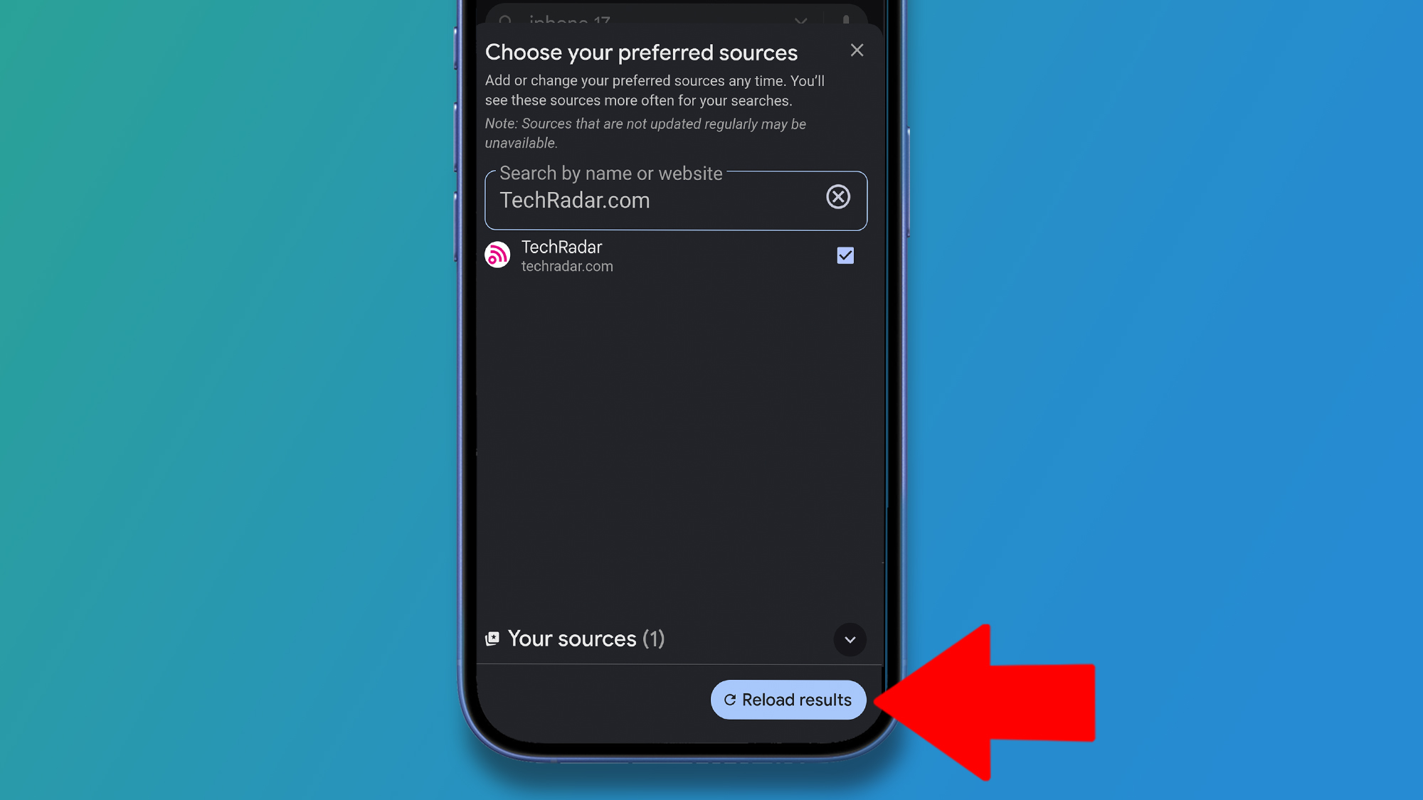 A phone on a blue background showing how to select sites as your favorite sources in Google's Top Stories