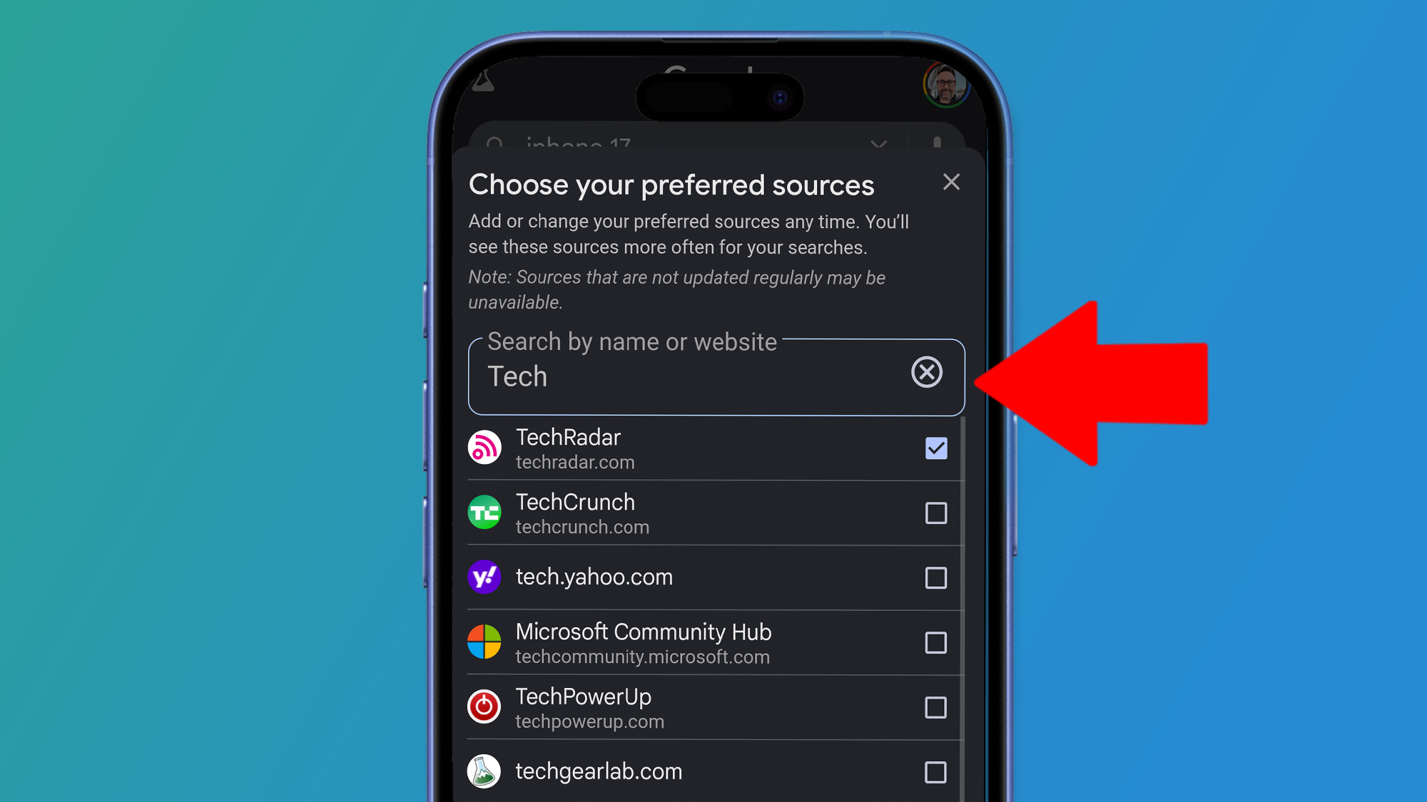 A phone on a blue background showing how to select sites as your favorite sources in Google's Top Stories