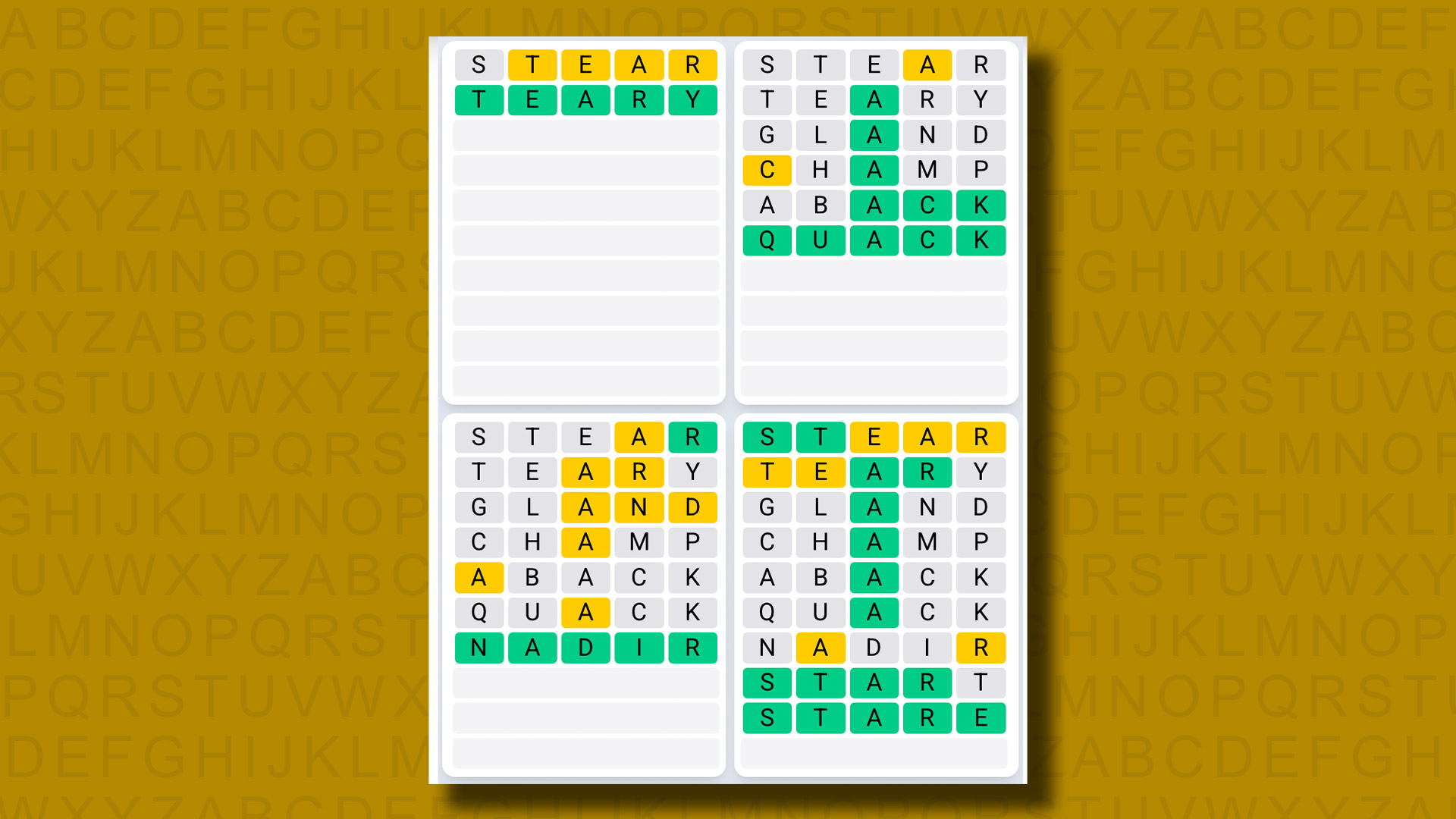 Quordle Daily Sequence Reply to Games 1324 on a Yellow Background