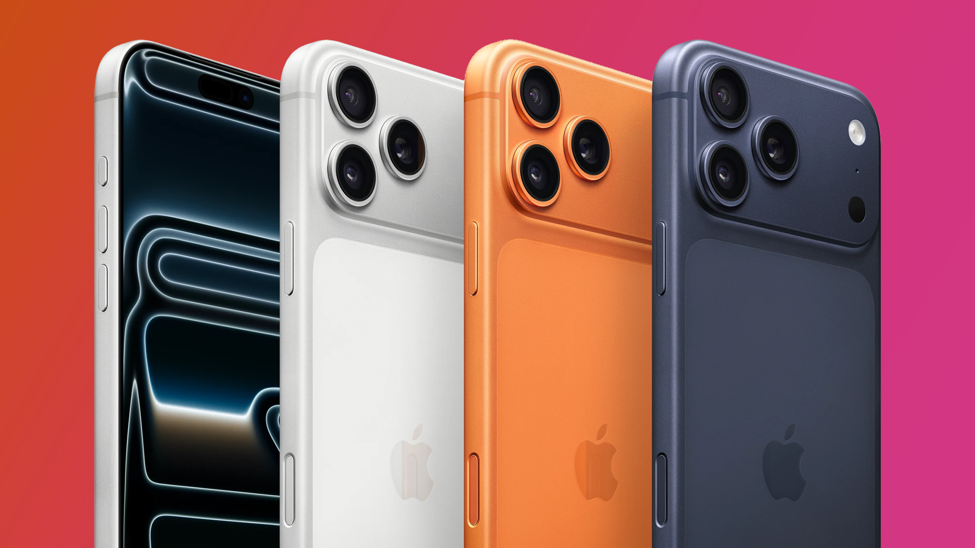 Four iPhone 17 Pro Max -Phones on an Orange and Pink Background