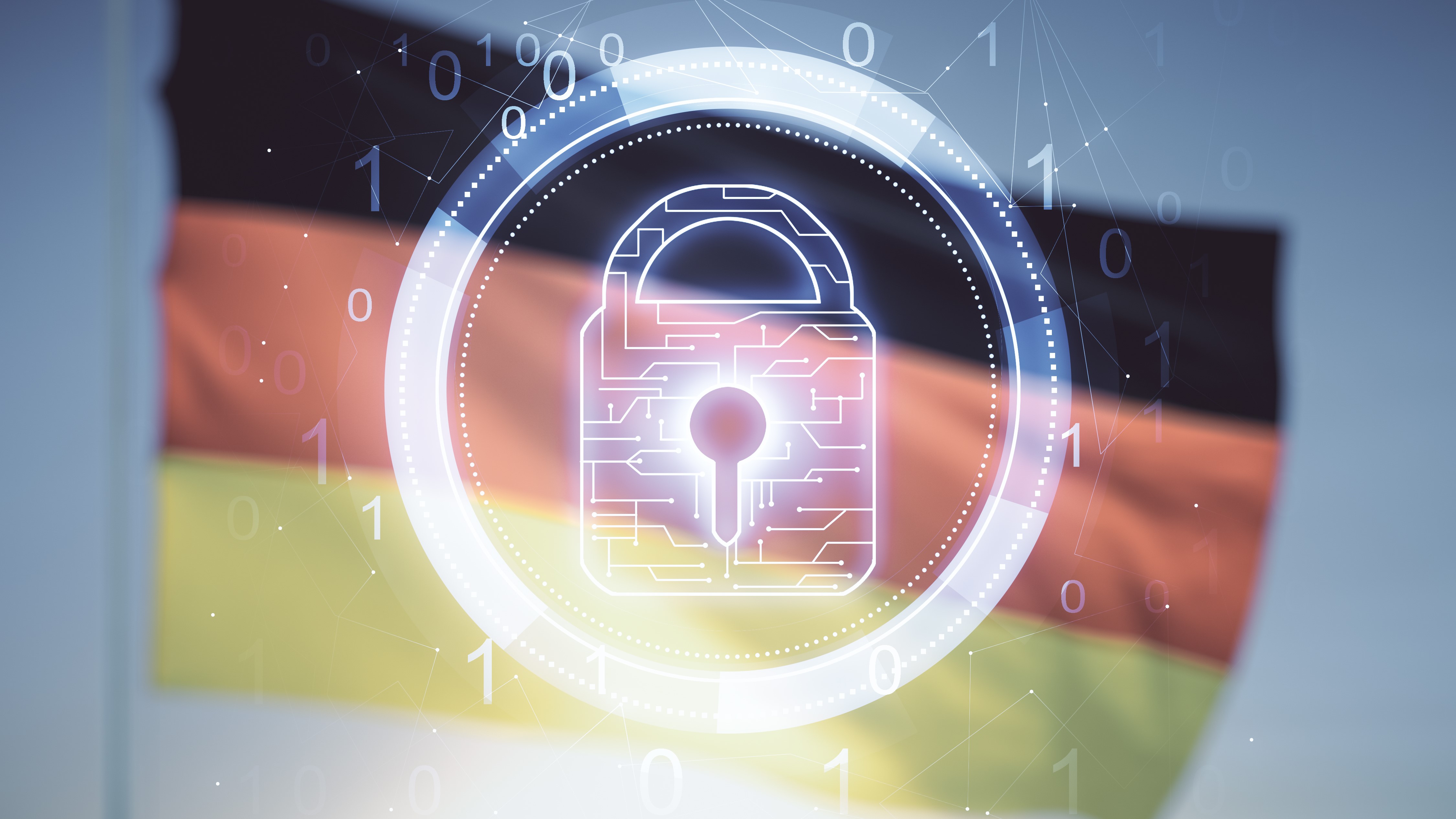 Double exposure of virtual creative lock box gram with chip on German flag and blue sky background. Information security concept