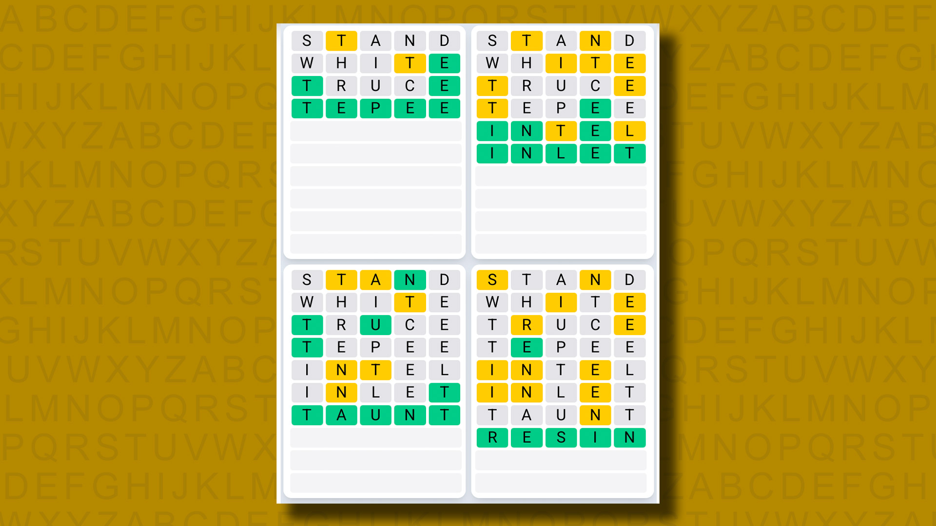 Quordle Daily Sequence Reply to Games 1326 on a Yellow Background