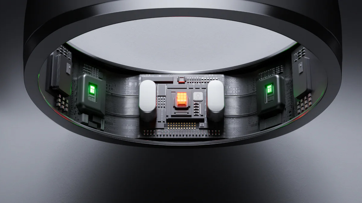 The internal components of RingConn Smart Ring Gen 2 on a gray background