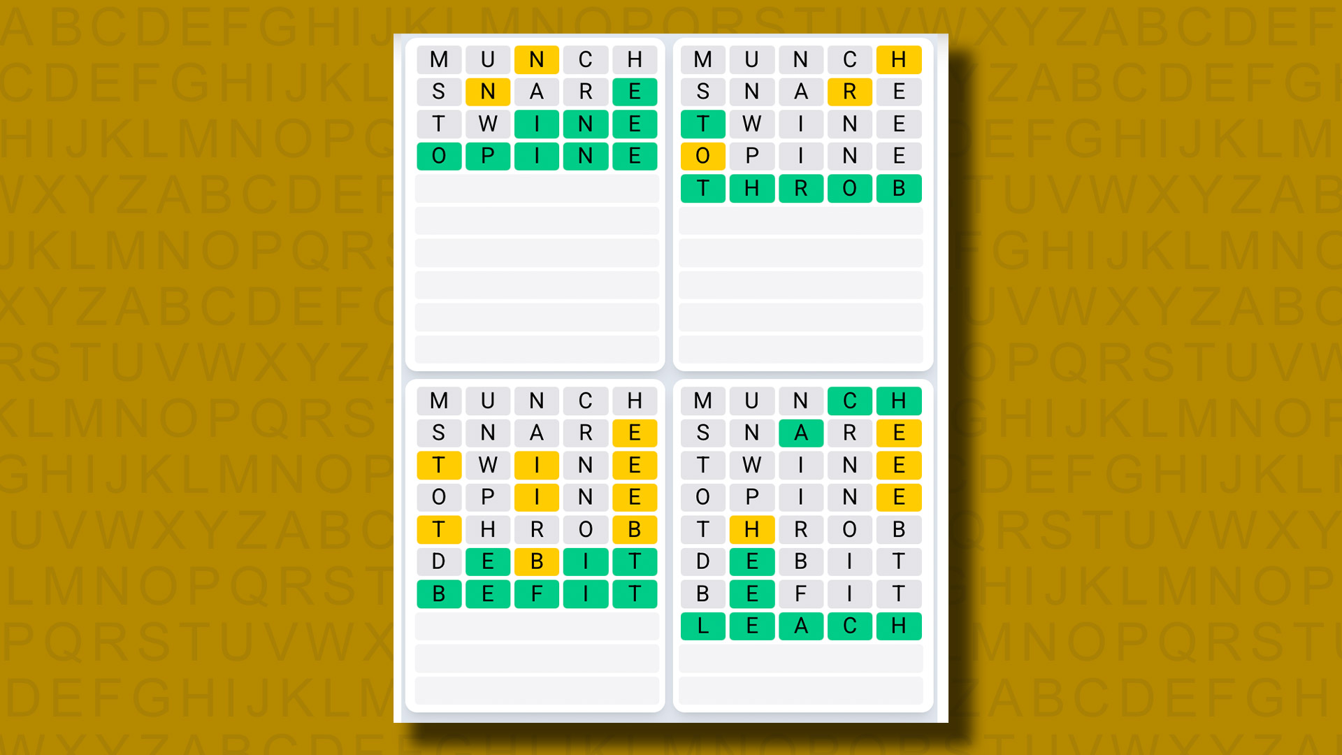 Quordle Daily Sequence Reply to Games 1327 on a Yellow Background