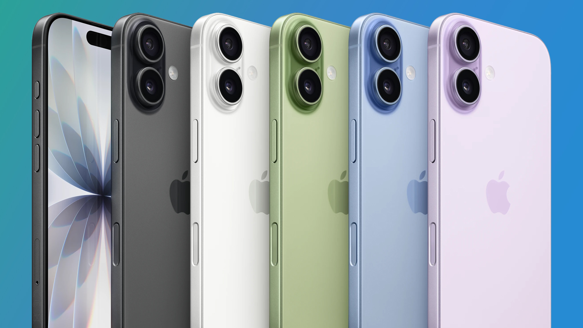 Six iPhone 17 -Phones on a Green and Blue Background